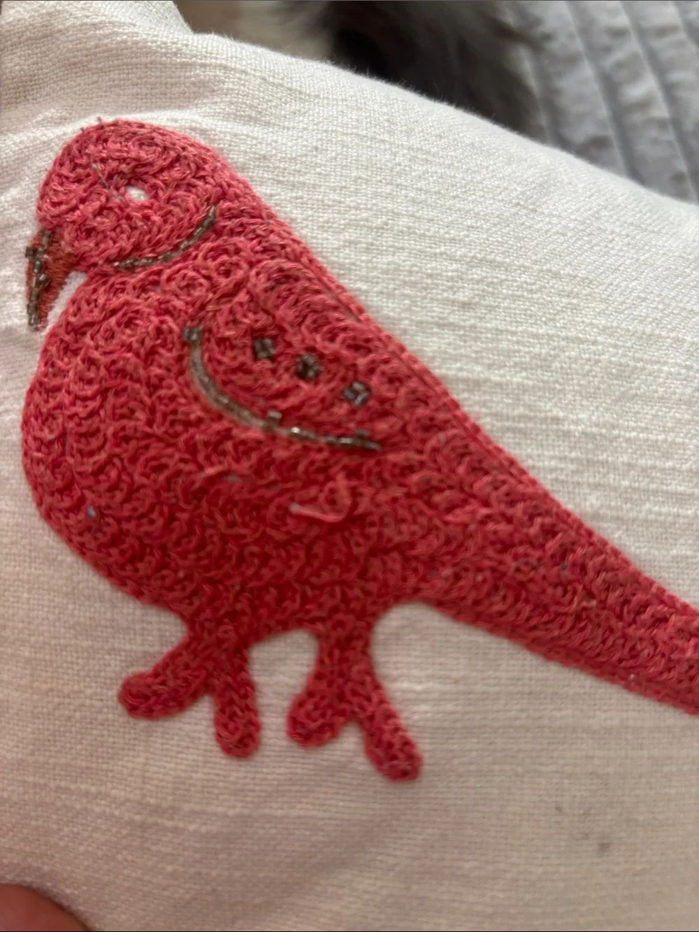 Pottery barn decorative throw pillow embroidered bird parrot 16.5”x12”